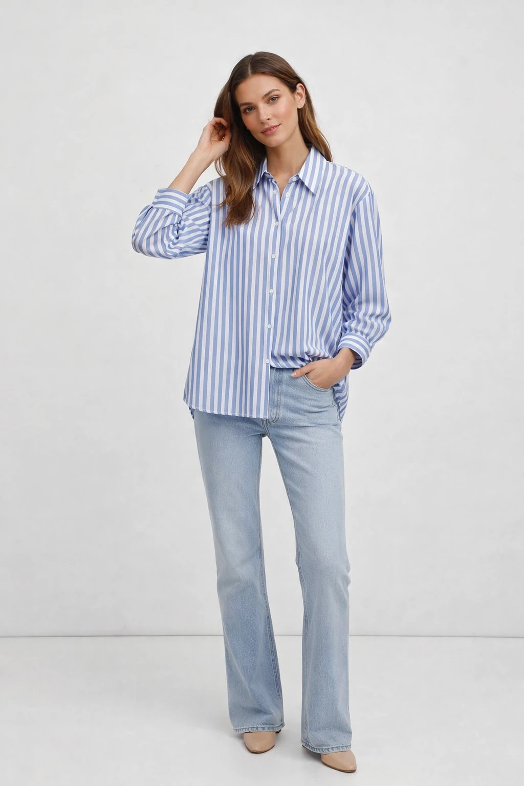 شومیز لینن راه راه سفیدآبی تابستانی زنانه