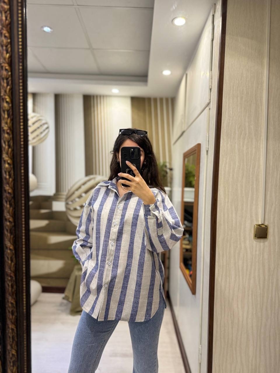 شومیز لینن راه راه طوسی آبی تابستانی خنک زنانه