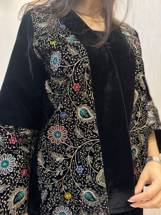 کت مخمل زنانه مشکی گلدار | کت مجلسی زنانه شیک